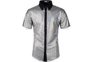 JOGAL Men's 70s Costume Rainbow Sequins Disco Party Dress Short Sleeve Button Down Shirts