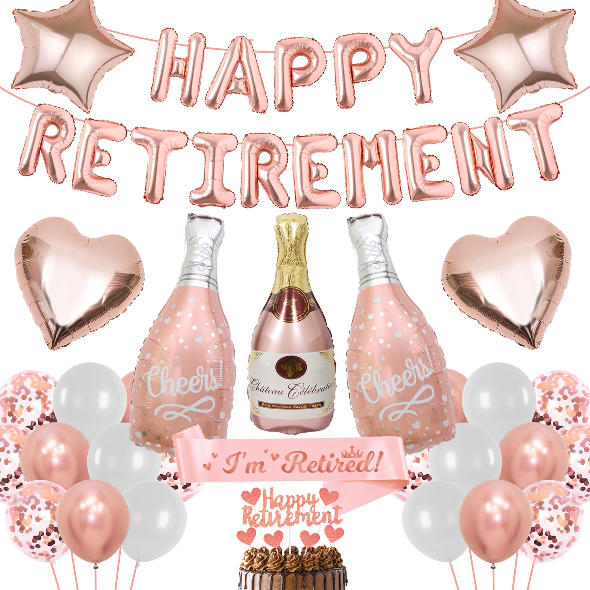 Rose Gold Happy Retirement Decorations, Retirement Theme Party Decoration Includes Banner, Sash, Balloons, Cake Toppers for a Memorable Celebration