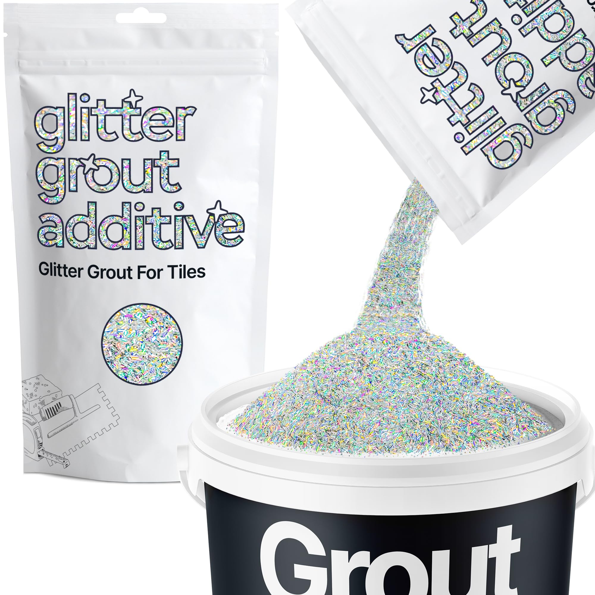 Hemway Silver Holographic Fibre Strands Glitter Grout Additive 100g Metallic Flakes for Adding Sparkle to Kitchen & Bathroom Tiles | Enhance Your Indoor Grouting Projects with a Durable Sparkly Effect