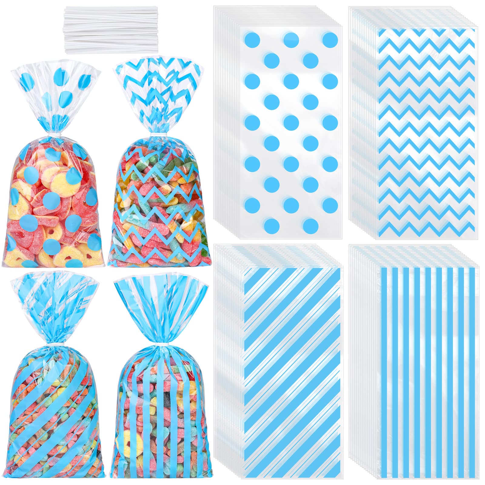 Aodaer 100 Pieces Blue Cellophane Bags Plastic Candy Bags Cellophane Treat Bags Polka Dot Stripes Printed Pattern Goodie Gift Bags