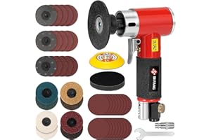 SI FANG 3 Inch Air Sander Right Angle Grinder, Upgraded Mini Pneumatic Polisher Surface Prep Conditioning Rotary Tool Kit with 45Pcs Roll Lock Quick Change Disc and Sanding Discs