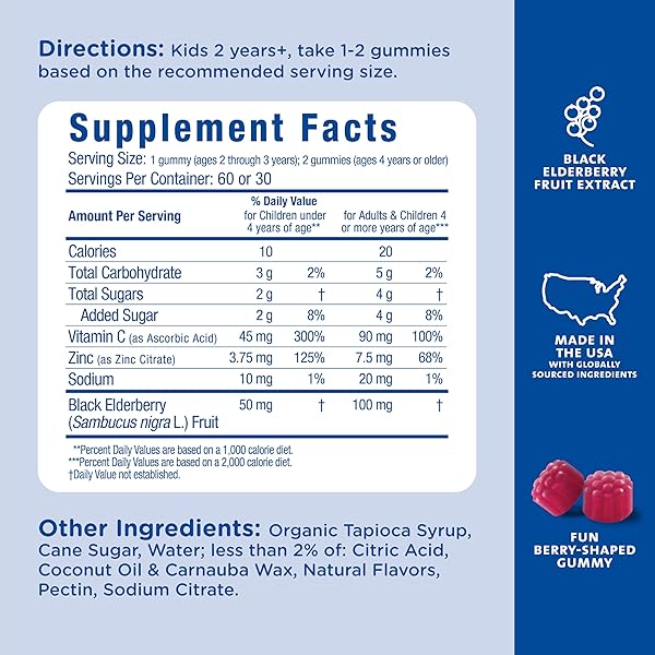 MOMMY’S BLISS KIDS ELDERBERRY GUMMIES, SUPPORTS IMMUNITY WITH BLACK ELDERBERRY, ZINC & VITAMIN C, GLUTEN FREE & VEGAN, AGE 2 YEARS+ (60 COUNT)