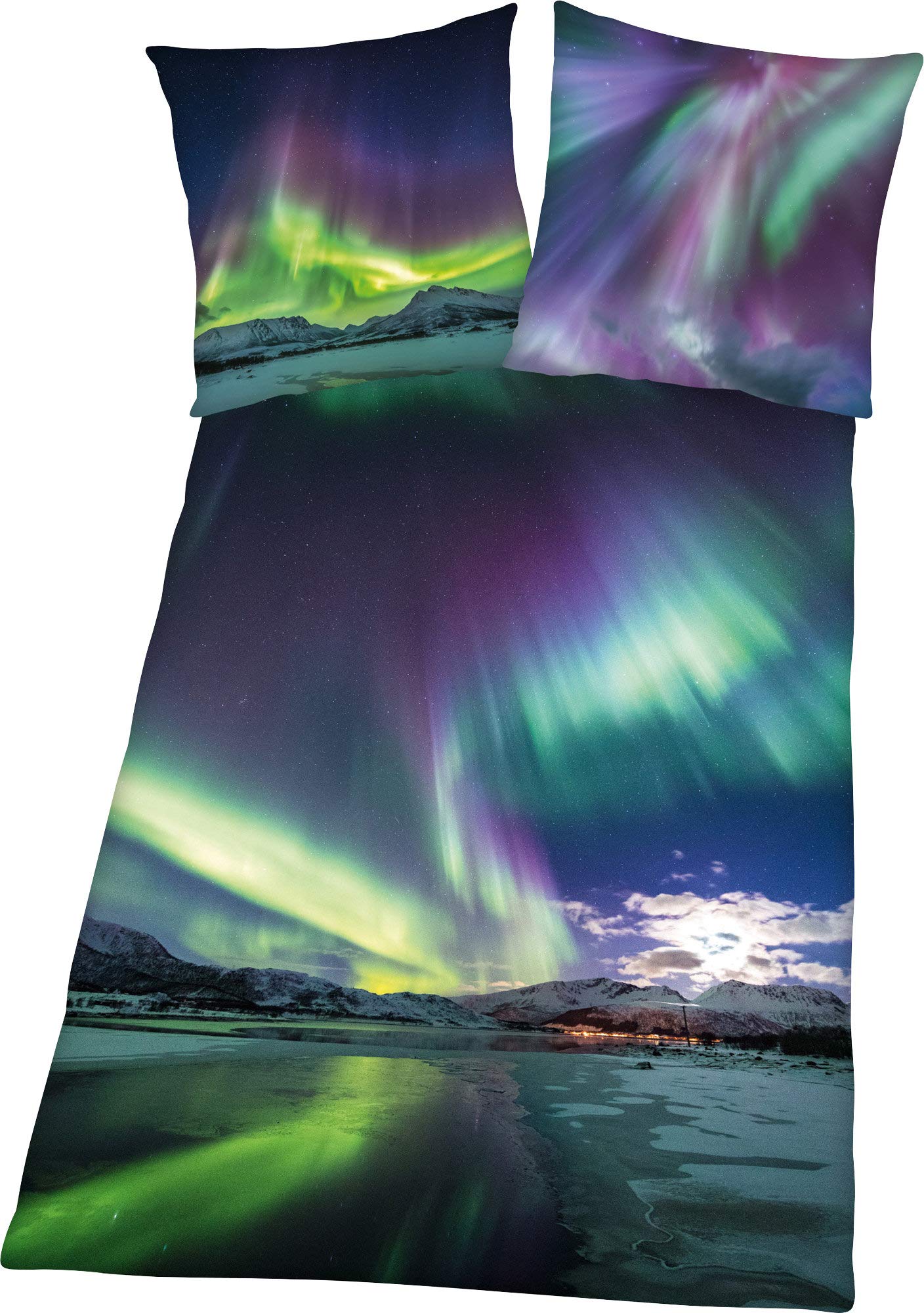 Herding Young Collection Bedding set, Polar lights reversible motif, Pillow case 80 x 80 cm, Duvet cover 135 x 200 cm, With easy zip, Cotton/Renforcé