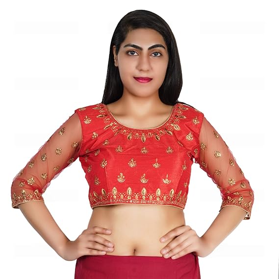 Women's 3/4 Sleeves Round Neck Art Silk Readymade Stitched Blouse, Free Size, Red