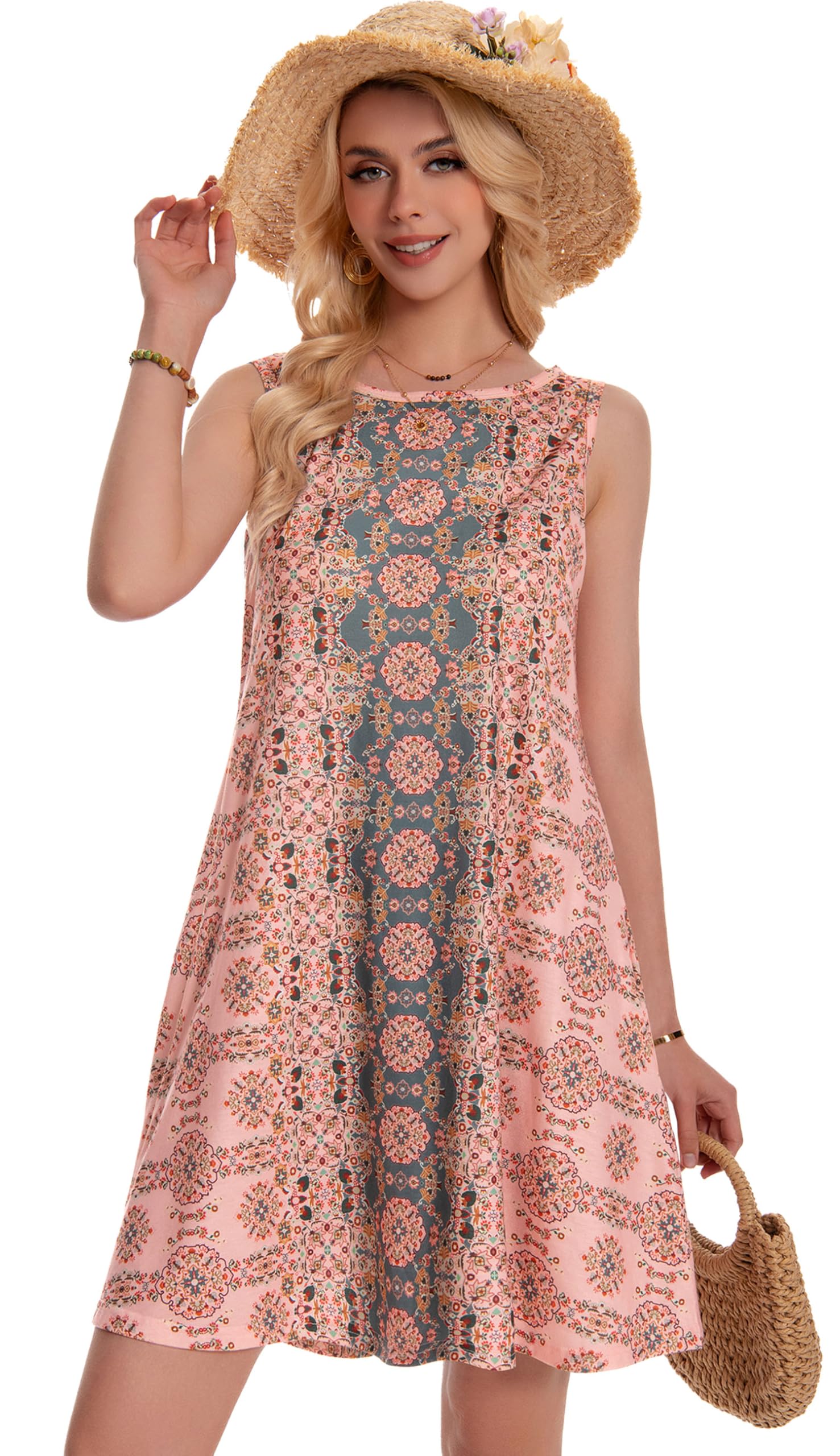 Summer Dresses for Women Beach Boho Sleeveless Vintage Floral Flowy Pocket Tshirt Tank Sundresses