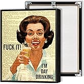 Retro I'M Day Drinking Canvas Posters Funny Woman Drinking Wine Sign Wall Art Vintage Bar Minimalist Aesthetic Prints Painting For Living Room Bedroom Dorm Wall Decor 12x16in Unframed