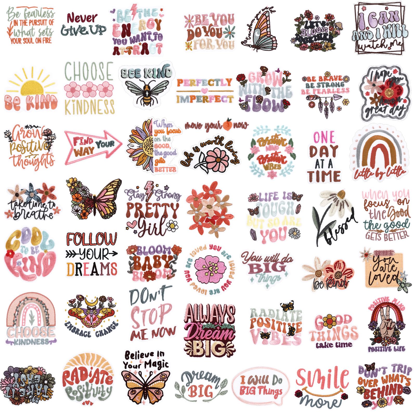 Photo 1 of Wavwavw 50 Pcs Bohemia Positive Patches Motivational Patches Embroidered Applique Retro Boho Sew on Hippie Style Iron on for Clothes Hats Backpacks Jackets Accessories