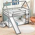 Harper & Bright Designs House Bunk Bed with Convertible Slide and Ladder, Twin Over Twin Bunk Bed with Roof and Security Guardrails, Floor Bunk Bed for Kids (Gray)