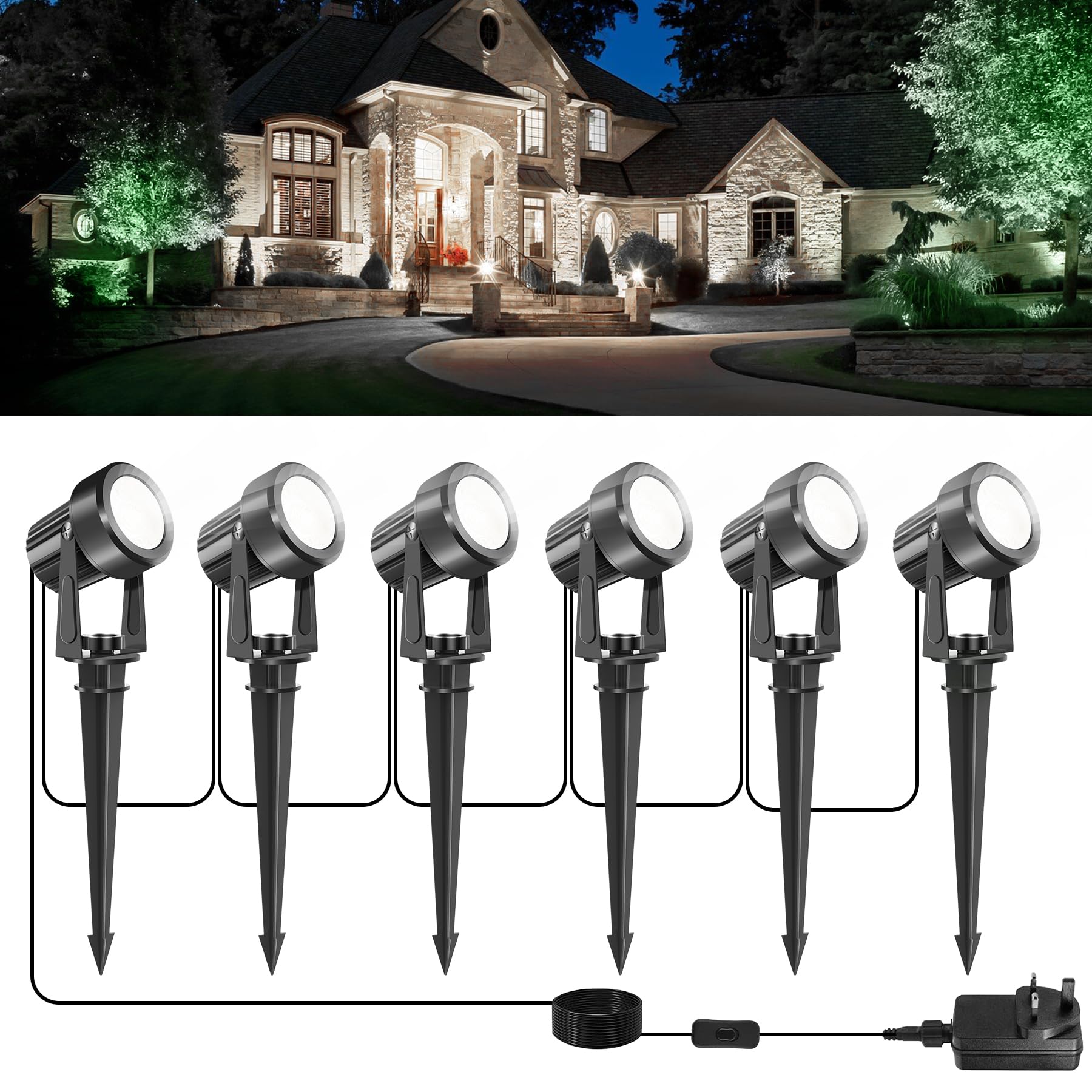 NATPOW Garden Spot Lights, Garden Spike Lights Mains Powered, LED Spotlight Outdoor 6-in-1 Landscape Light with Adapter, IP65 Waterproof 5V Stake Light for Lawn, Pathway, Yard (6000K)