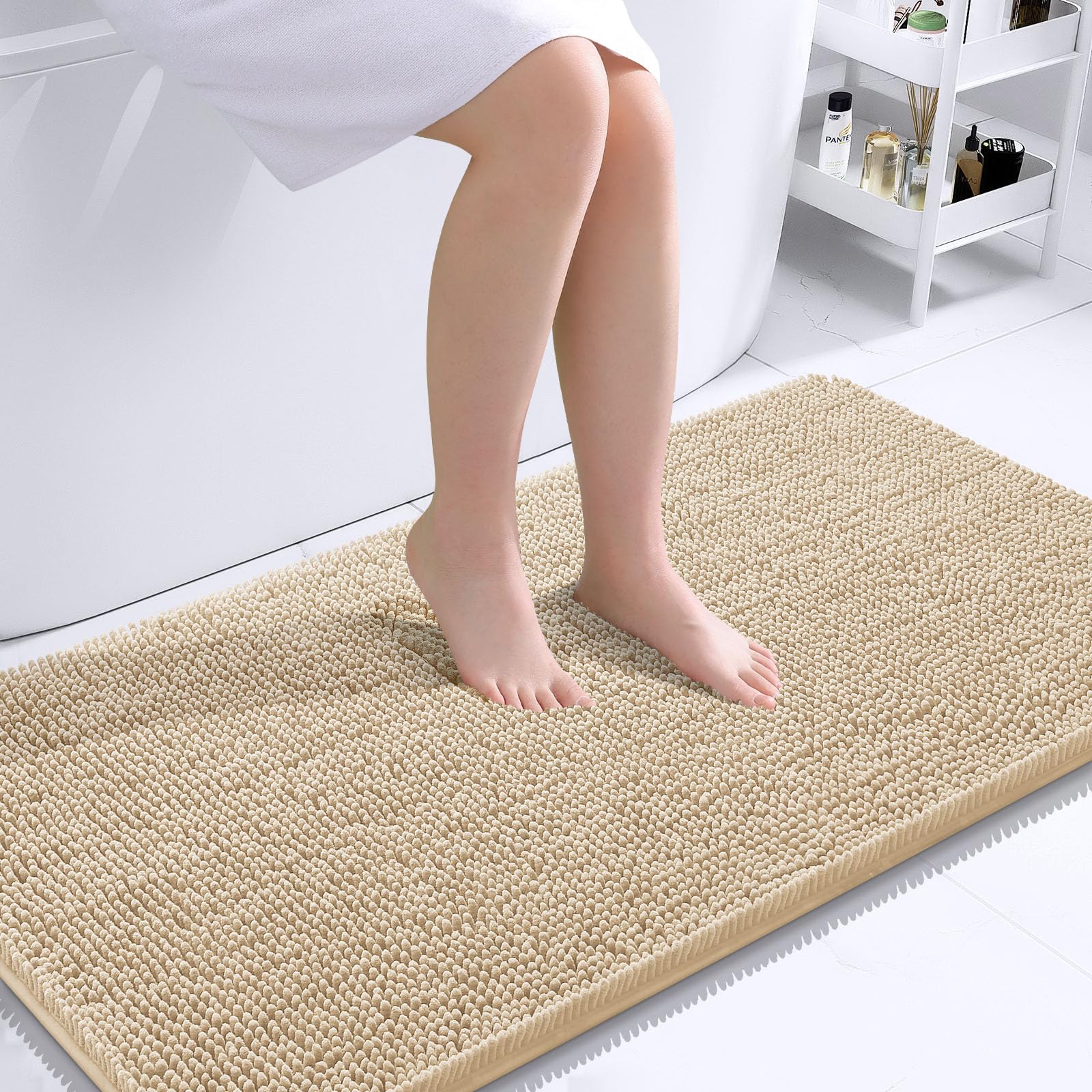 Photo 1 of OLANLY Bathroom Rugs 44x24, Extra Soft Absorbent Chenille Bath Rugs, Rubber Backing Quick Dry, Machine Washable Bath Mats for Bathroom Floor, Tub and Shower, Home Decor Accessories, Beige