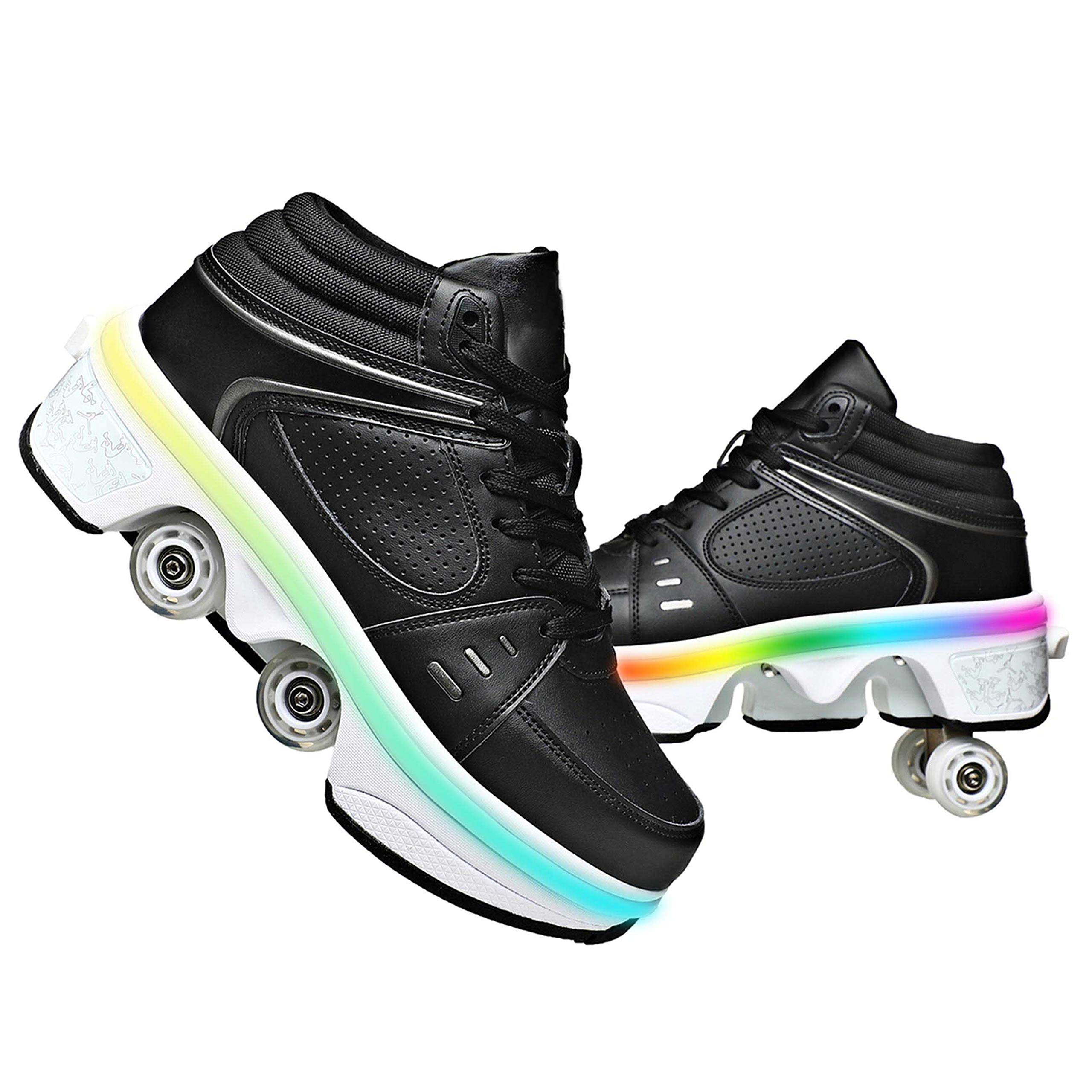 Photo 1 of Double-Row Deform Wheel Automatic Walking Shoes Invisible Deformation Roller Skate 2 in 1 Removable Pulley Skates Skating Parkour (Black with Light, US 9.5)