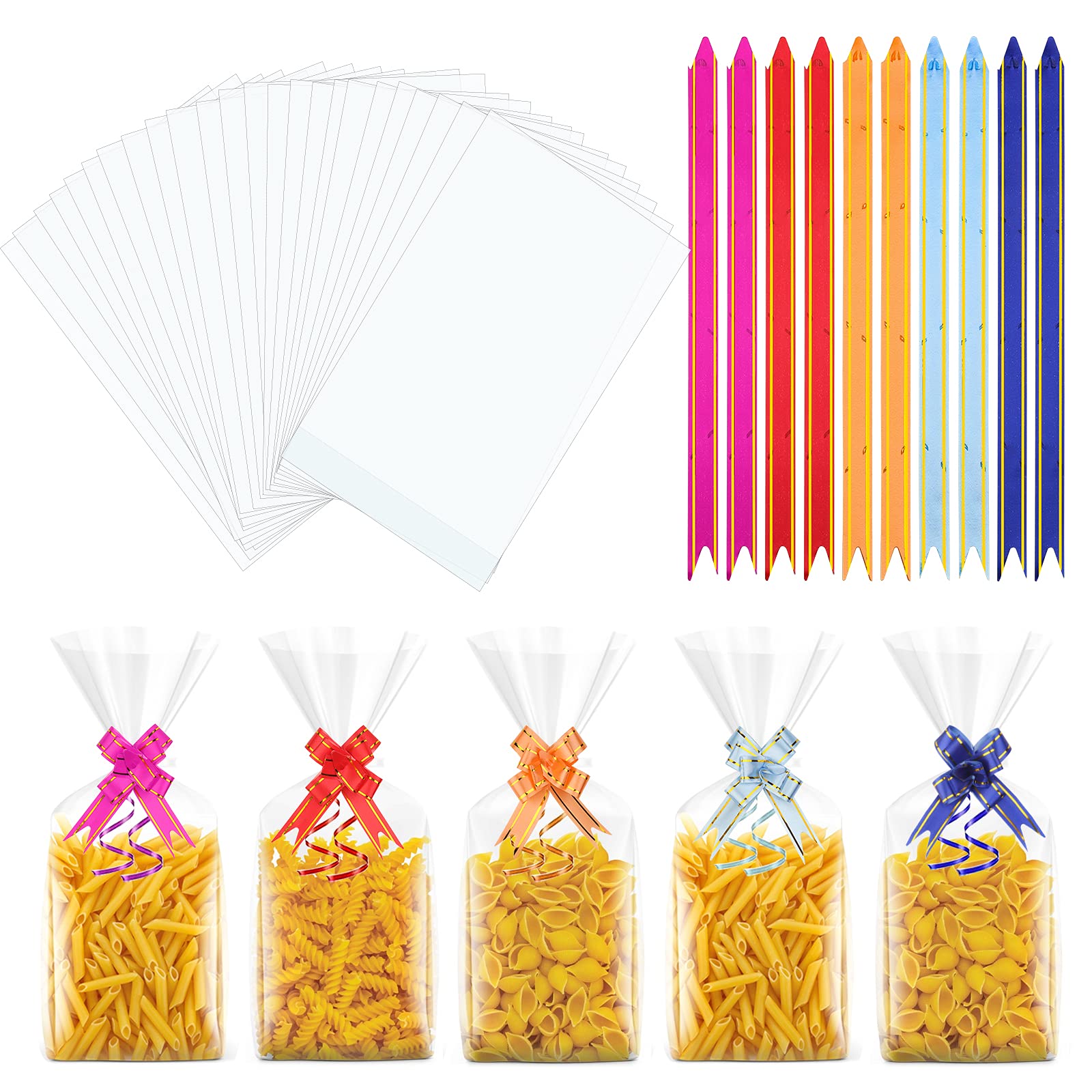 100Pcs Clear Cellophane Treat Bags 6" X 10" Thick Flat Bottom Cello Bag, OPP Resealable Sweet Party Gift Plastic Bags with Ribbons Bows, Cellophane Storage Bags for Candy, Cookie, Popcorn