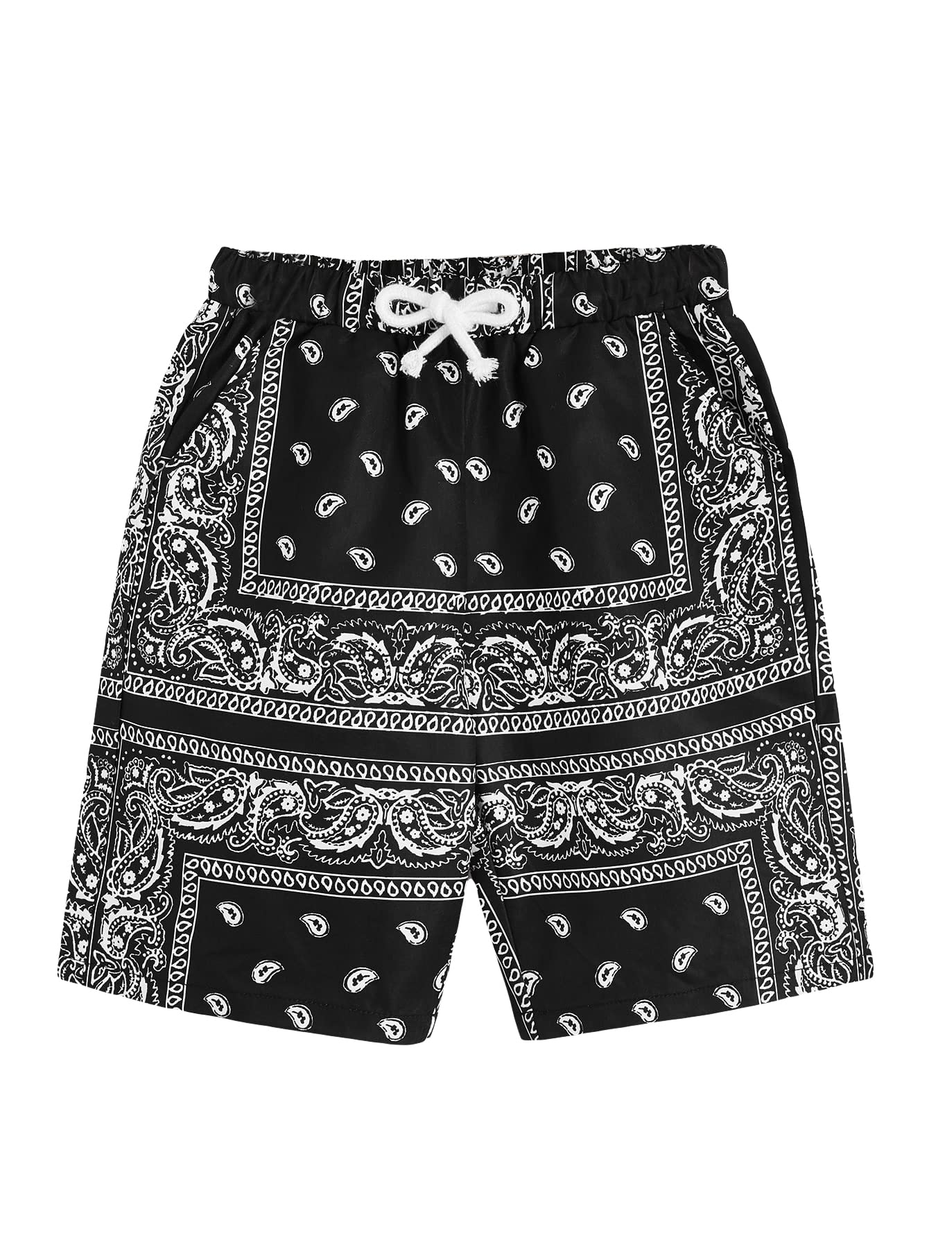 Photo 1 of COZYEASE Boys' Graphic High Waisted Paisley Print Shorts with Pocket, Black and White, 13-14Y