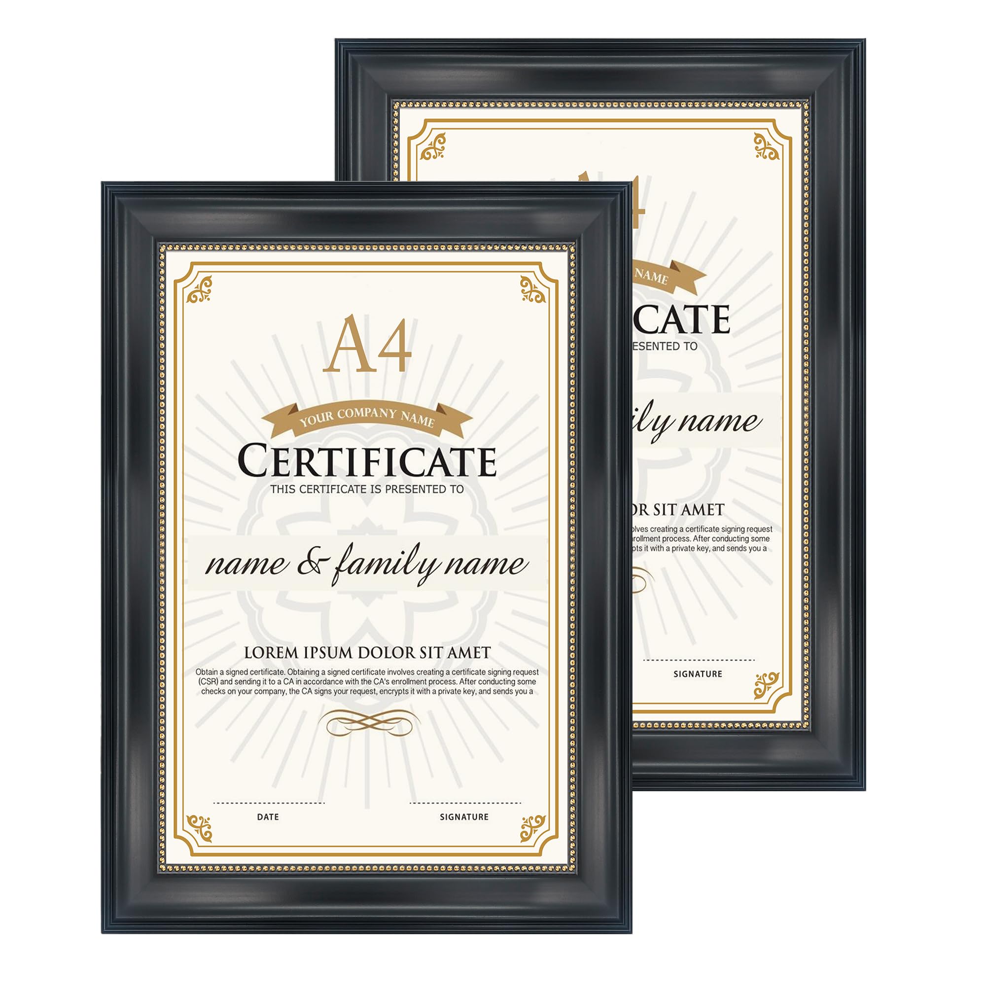 GraduatePro Certificate Frame A4 Diploma Document Frame Black Finish with Gold Beaded for Wall & Tabletop Design 2 Pcs