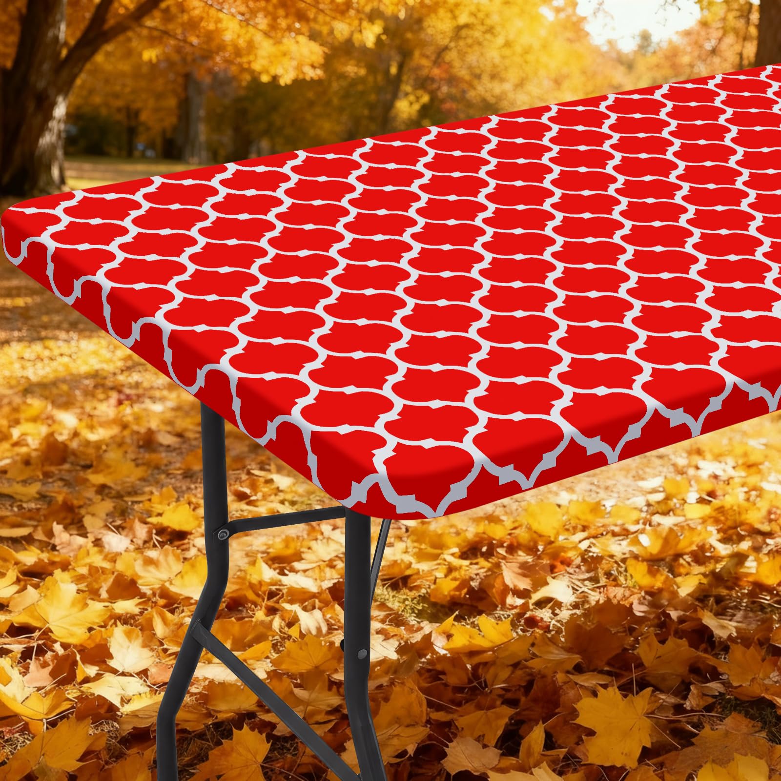 Photo 1 of Smiry Rectangle Picnic Table Cover, Waterproof Elastic Fitted Camping Tablecloths for 8 Foot Tables, Wipeable Flannel Backed Vinyl Tablecloth Protector for Indoor, Outdoor (Red, 30x96 Inches)