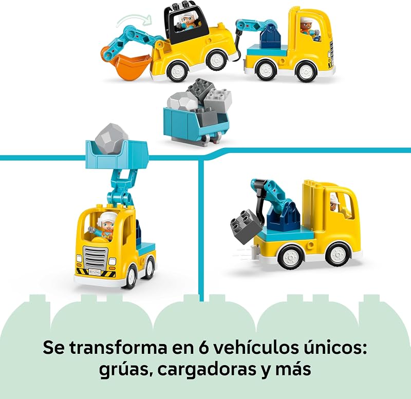 Duplo Construction Vehicles "3in1" - Jogo educativo Montessori com camiões, escavadoras e veículos de construção de brincar - Presente de Aniversário para Rapazes e Raparigas 2+ Anos - 10475