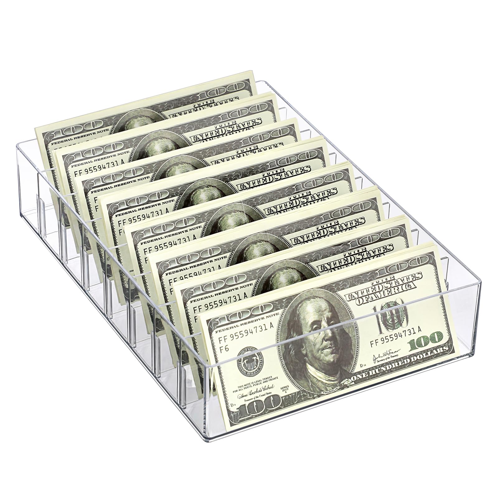 TOLIDA 8 Slots Clear Cash Display Holder - Large Money Storage Tray with Detachable Slots, Paper Money Currency Ticket Storage Organizer, Clear Desktop Display Holder