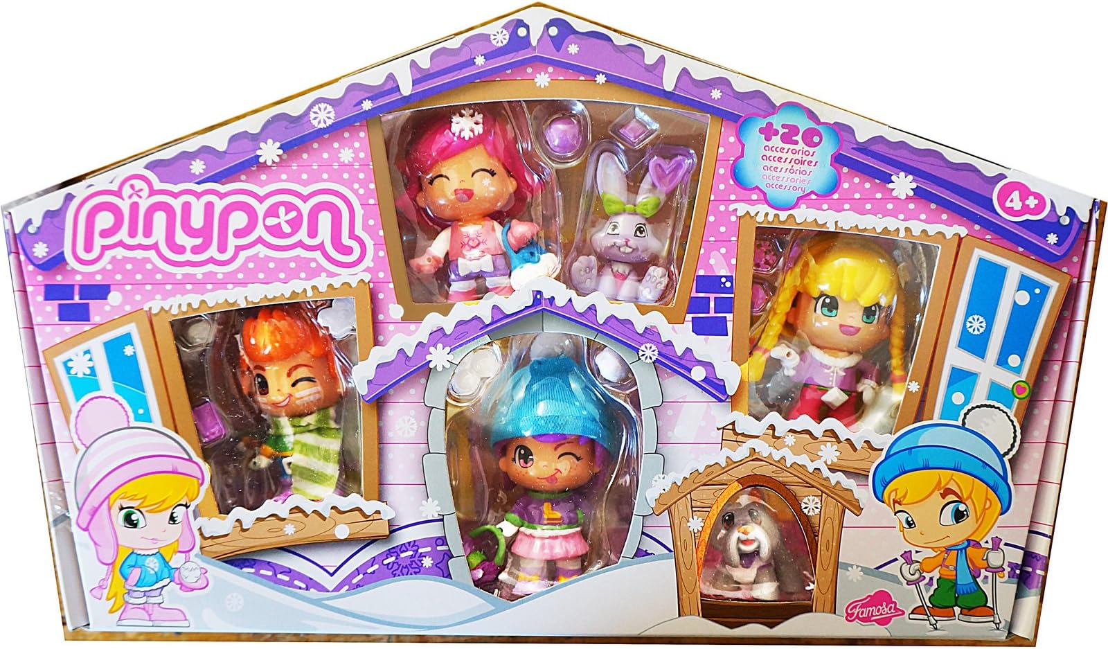 PInyPon Friends Winter Snow Pack 4 Dolls 2.70" with Rabbit & Dog Pet Figures Playset NEW
