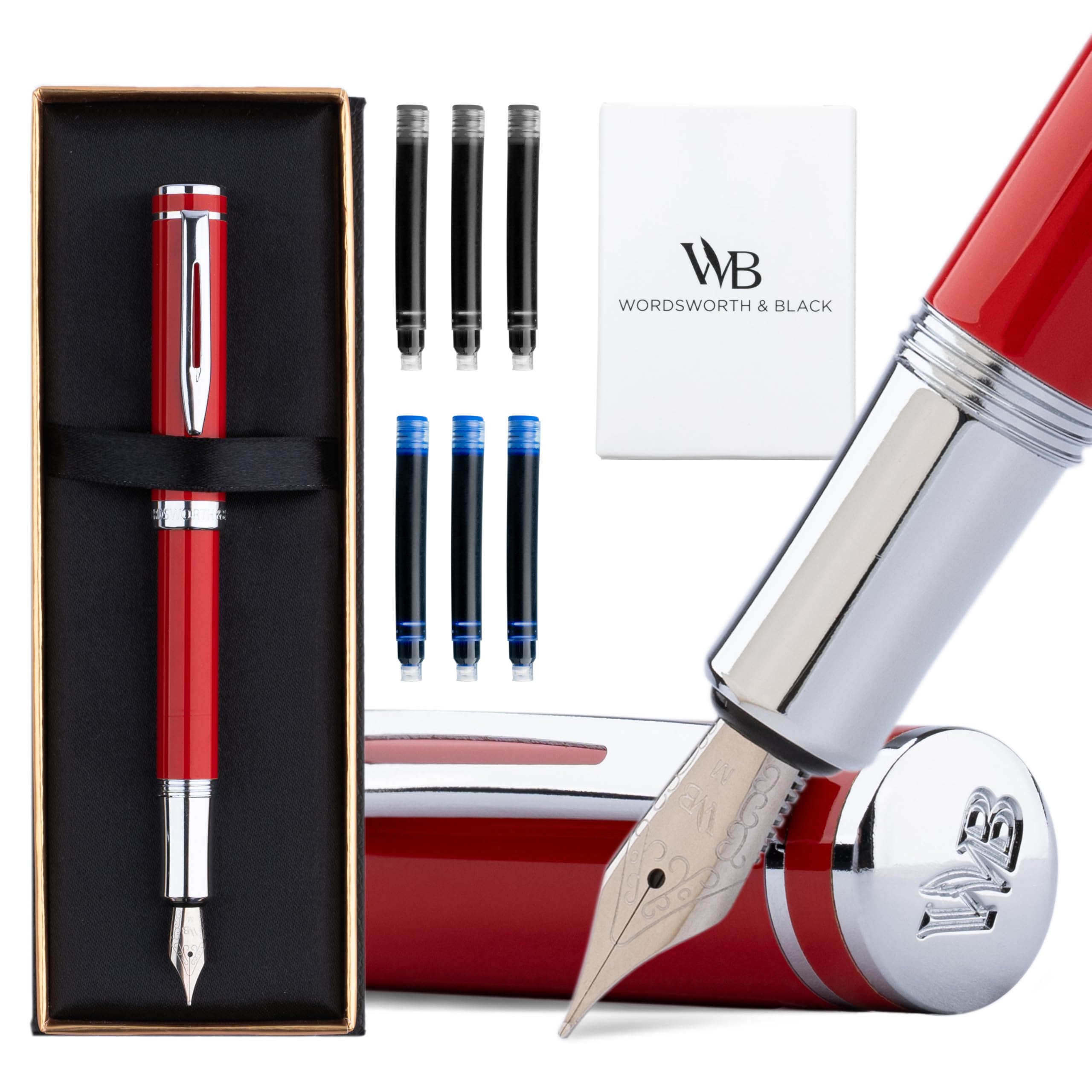 Wordsworth and Black Fountain Pen Mini EDC: Luxury Red Heavy Pocket Pen, Chrome Finish, Medium Nib, 6 Ink Cartridges, Ink Converter, Travel Refillable Writing Pen Gift Set, Men & Women