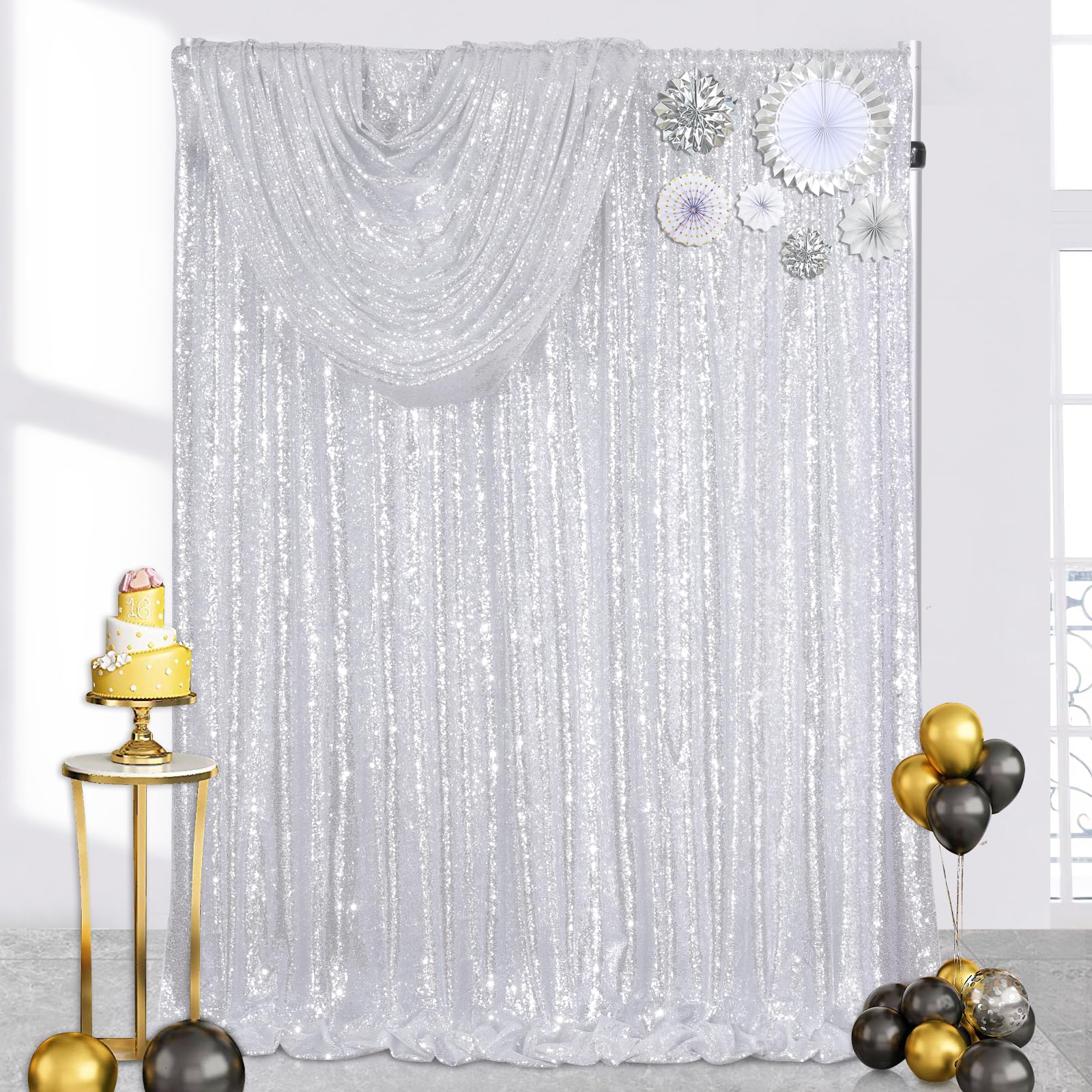 Photo 1 of Silver Sequin Backdrop Curtains Christmas: 4ftx8ft Sequin Curtain for Backdrop Shimmer Drapes for Wedding Birthday Party Christmas Photography Decorations 2 Panels