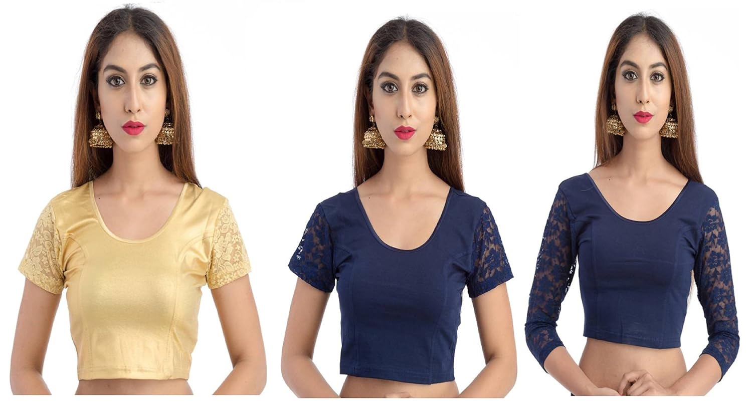 fressia fabrics women's stretchable readymade saree blouse crop top choli pack of 3