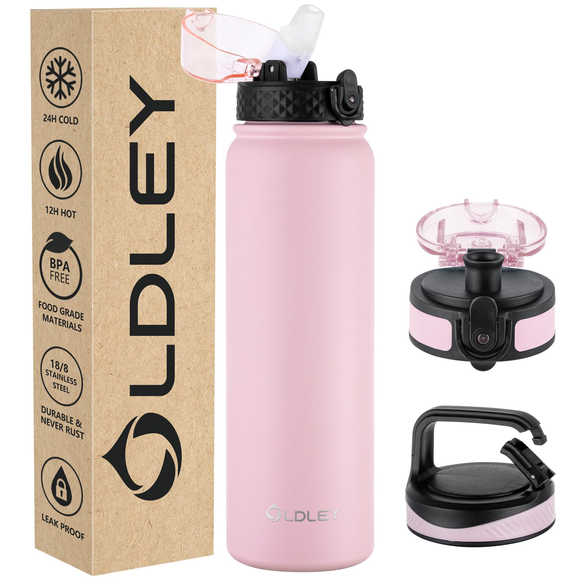 OLDLEY Stainless Steel Water Bottle with Straw 1L Vaccum Insulated Large Drink Flask Metal Water Bottles 1 Litre Leakproof Keep Drinks Hot Cold for Sports Gym Travel with Different Lids(Pink, 3 Lids)