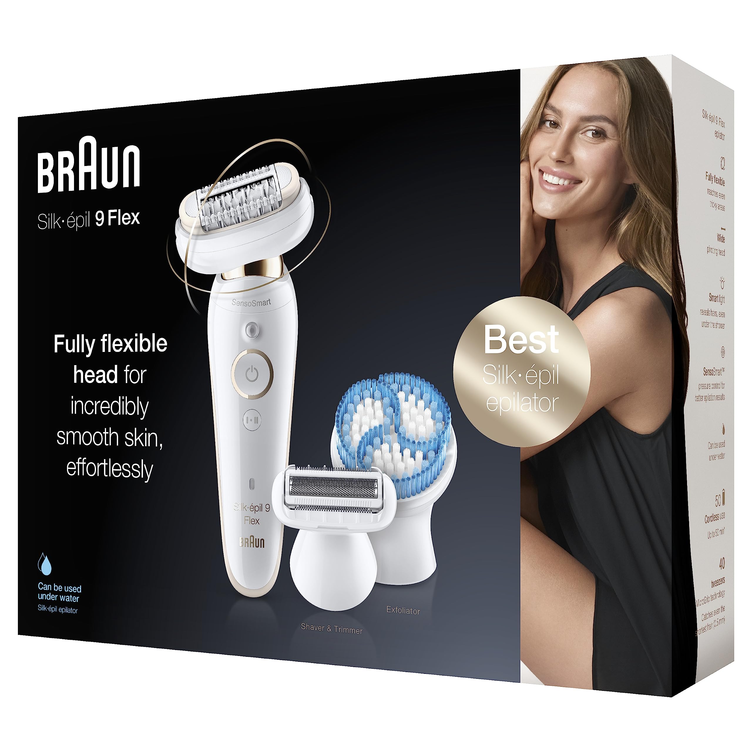 Braun Silk-épil 9 Flex Epilierer Damen / Haarentferner, inkl. Rasieraufsatz und Tiefenpeeling-Bürste, mit flexiblem Kopf für einfachere Haarentfernung, 9010, weiß/gold