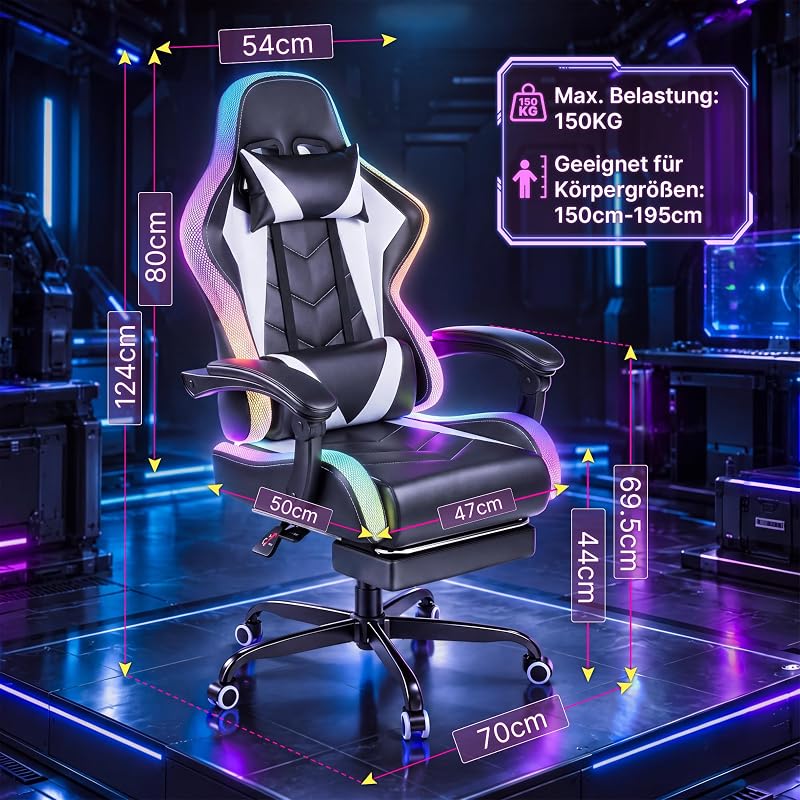 Gaming Stuhl mit led, Cool Racing Gamer Stuhl, Ergonomischer Bürostuhl mit Massagefunktion, Verstellbare Rückenlehne 90-135°, mit Teleskop Fußstütze, Gamingstuhl 150 kg belastbarkeit, Weiß — Foto 3 von 8