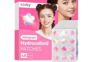 Sosky Hologram Pimple Patches for Face, Hydrocolloid Acne Patches with Salicylic Acid, Cute Star Zit Stickers,Colorful Blemish Covers,48 Count Pink Flower