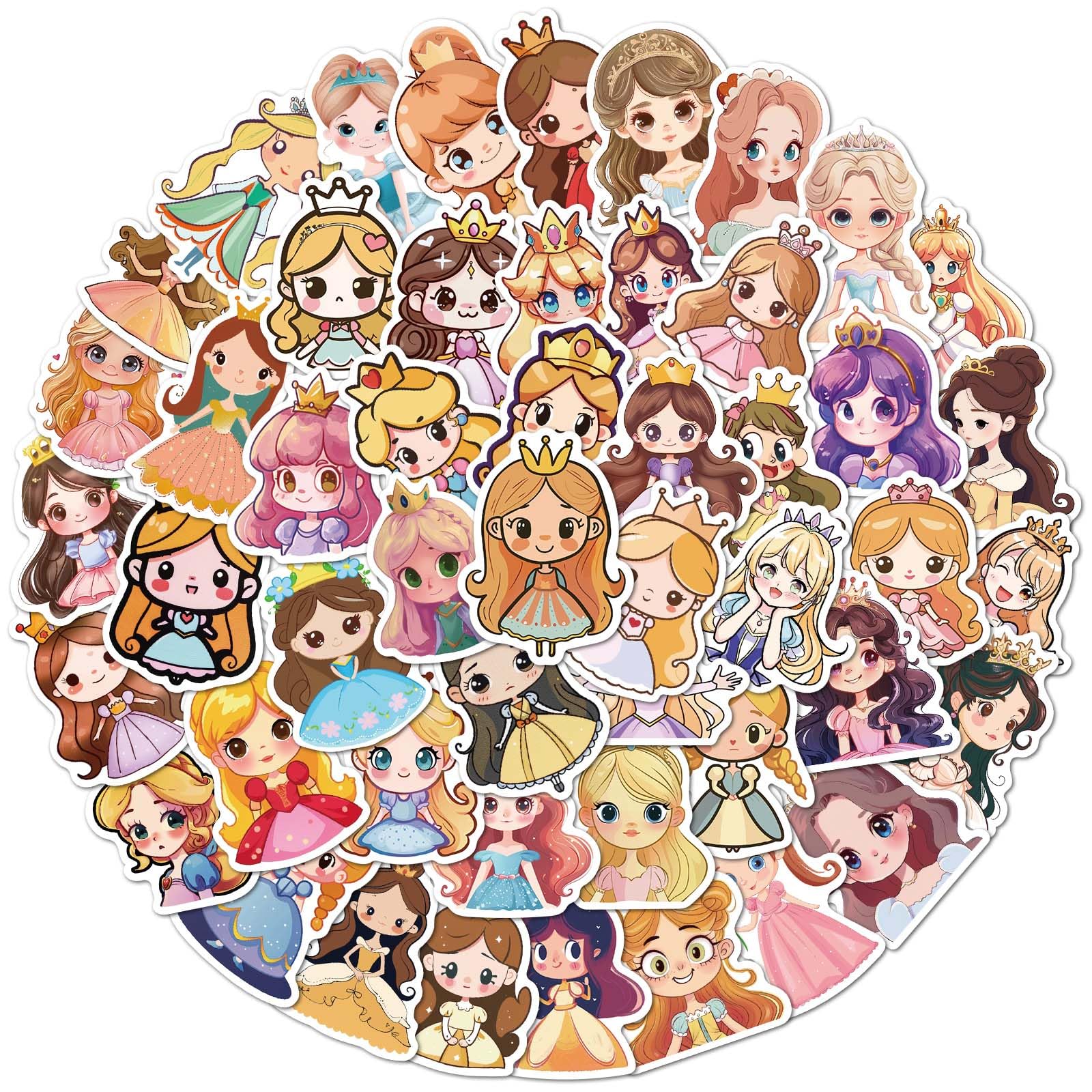 Photo 1 of 50PCS Cartoon Princess Stickers for Girls, Waterproof Vinyl Crown Princess Decals, Kawaii Anime Girl Stickers for Laptops, Water Bottles, Hydroflasks, Journals & Scrapbooking
