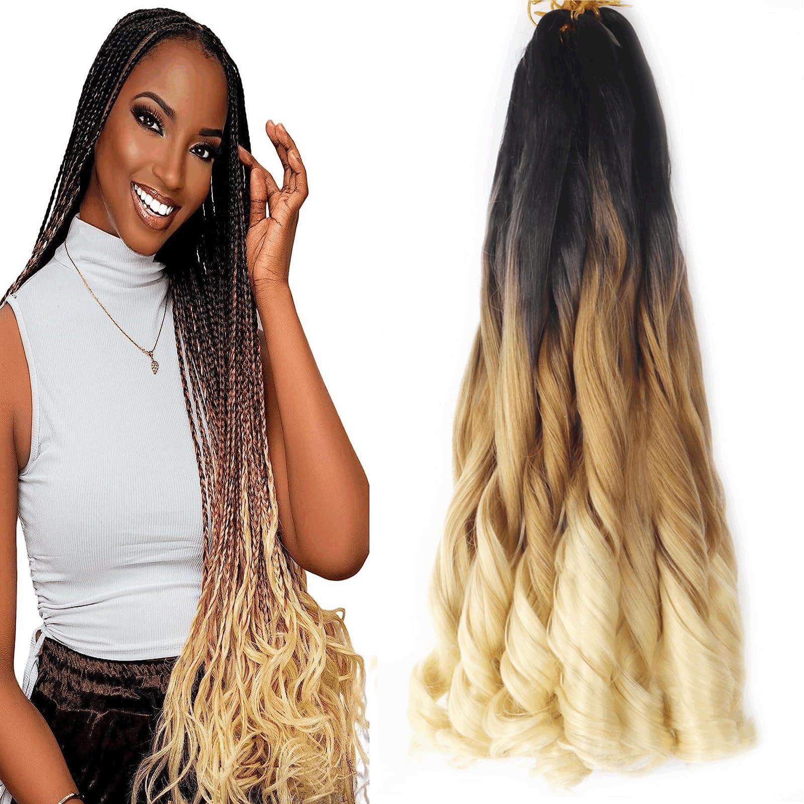 French Curly Braiding Hair 22 Inch 8Pack/lot Loose Wavy Spiral Curl Braids Crochet Hair Deep Wave Synthetic Extensions Pre Stretched Bouncy Braiding Hair(T1B/27/613#) — image 1