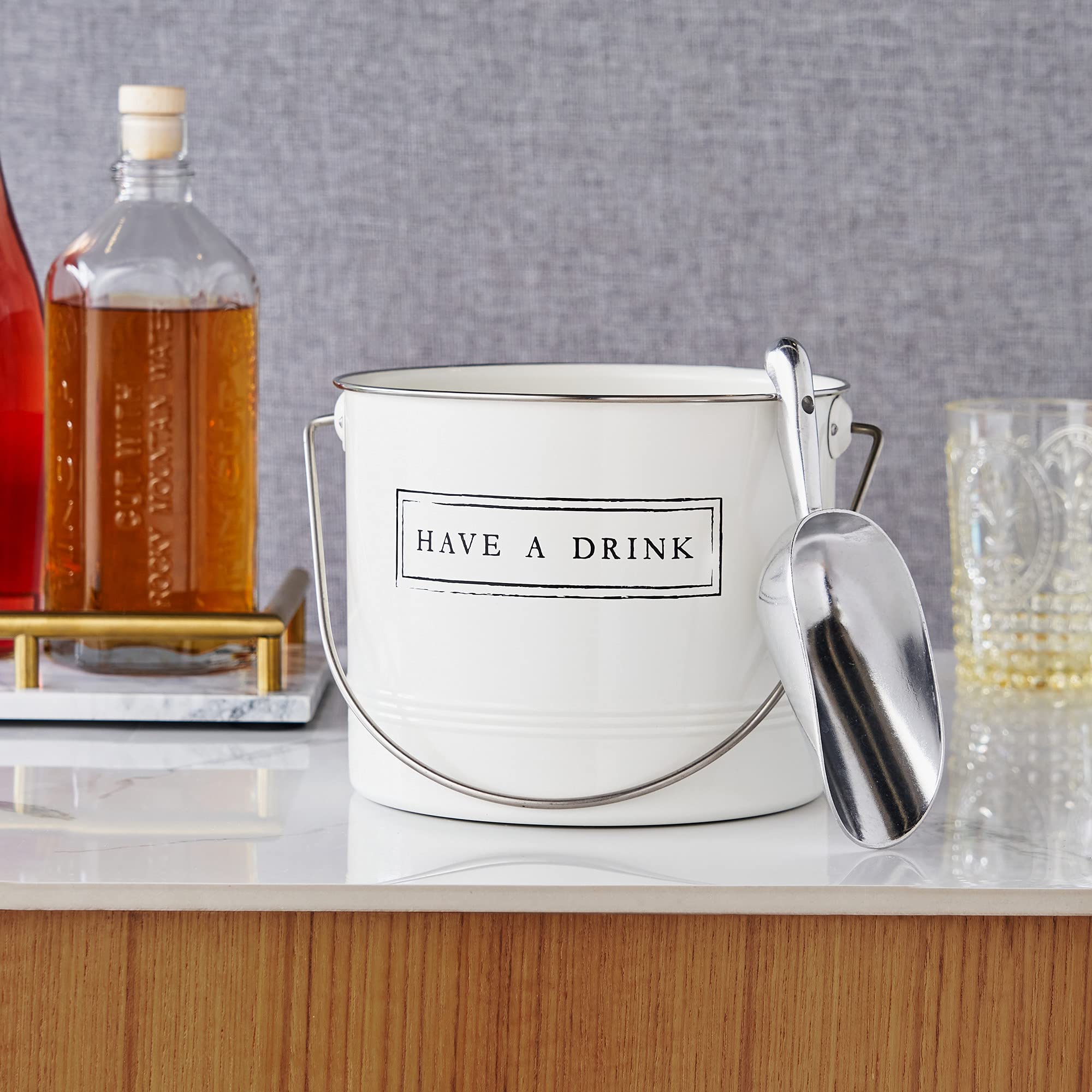 Twine Have A Drink White Enameled Metal Ice Bucket & Scoop for Parties - Wine Bottle And Beer Bottle Bucket in 1 Gallon