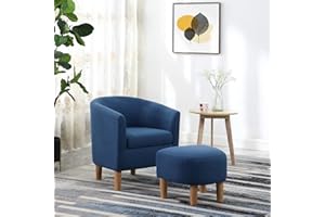 DAZONE Accent Chair, Mid Century Modern Chair with Ottoman, Comfy Arm Footrest Set Comfortable Living Room Upholstered Barrel Round Club Tub Sofa Chair for Bedroom Reading Room, Blue