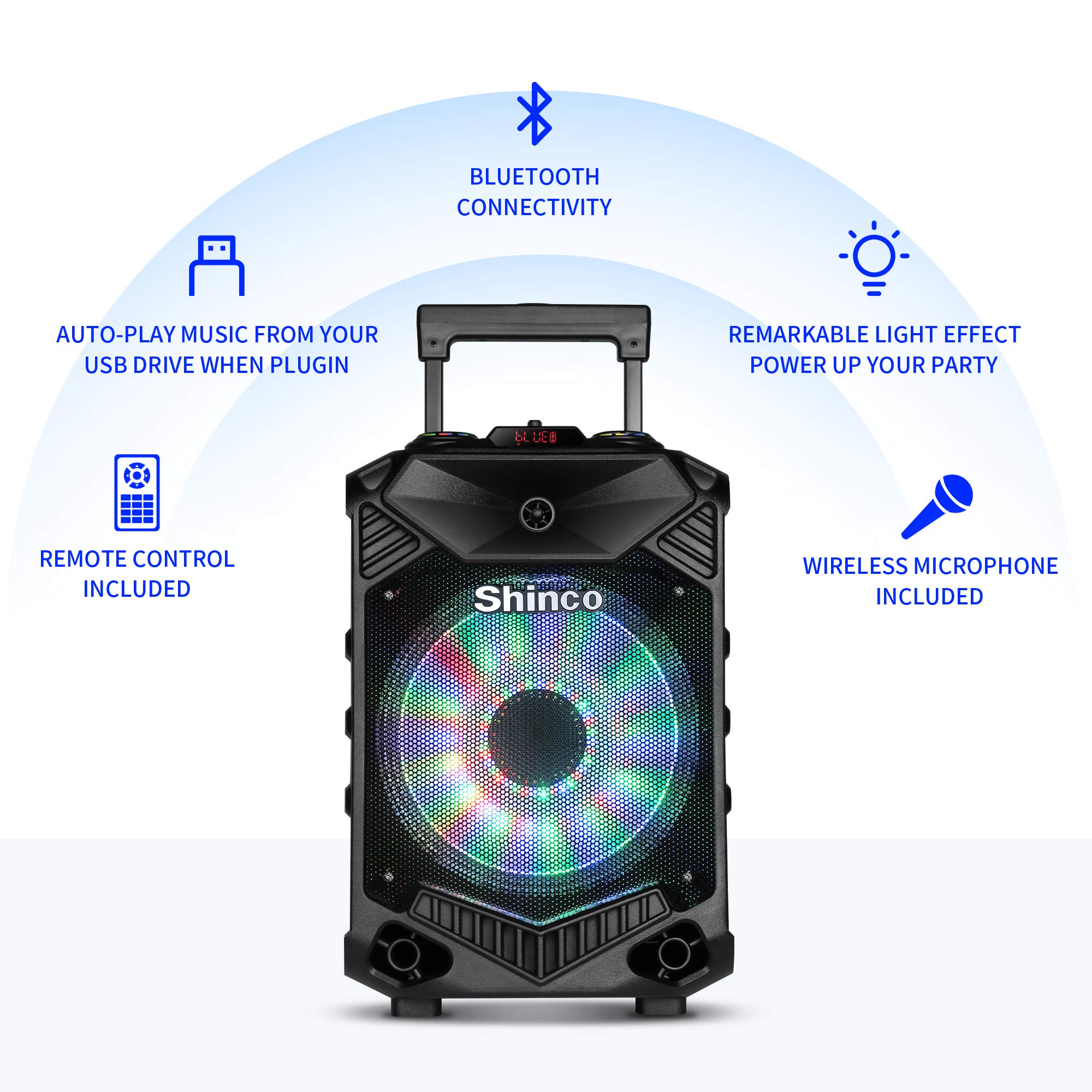 Shinco Bluetooth Karaoke Speaker, 12-inch Subwoofer PA System, Portable Karaoke Machine with Wireless Microphone, Flashing Party Light