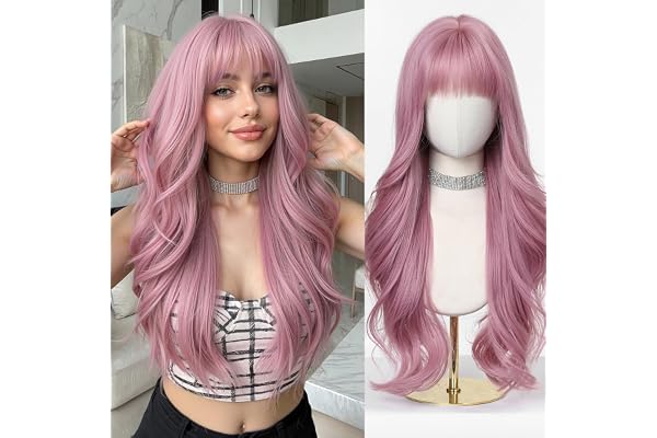 Esmee Long Wavy Pink Wigs for Women with Fringe Natural Synthetic Hair Wig for Daily & Party Use