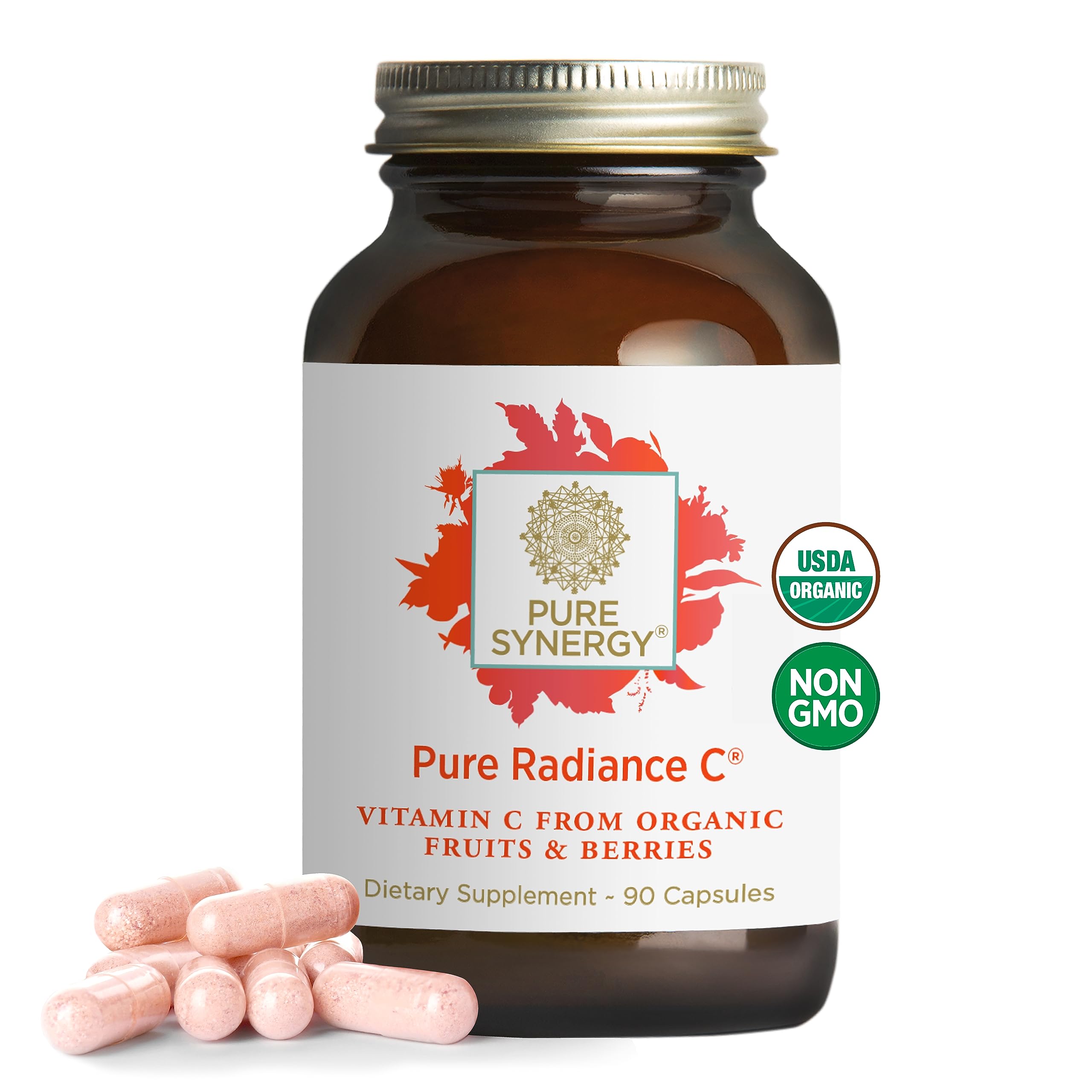 PURE SYNERGY Pure Radiance C – Organic Vitamin C Capsules | 100% Whole Food Supplement, Non-GMO, Camu Camu Extract with Natural Immune & Collagen Support – 90 Capsules