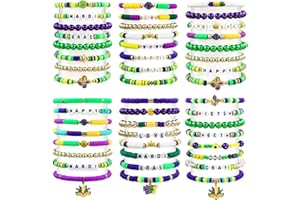 yesaior 48 Pcs Mardi Gras Clay Bracelets Set Mardi Gras Friendship Bracelets Stretch Carnival Colorful Bulk Adjustable Beaded for Women Party Favors