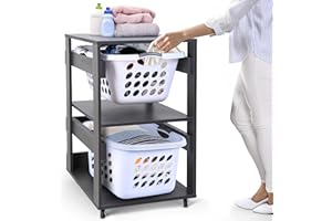 LEAPOAK Laundry Basket Holder Shelf (2-Tier) - Stackable Engineered Wood Laundry Tower with Wheels, Tiered Laundry Hamper Organizer for Bathroom, Bedroom