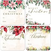 Mobiusea Creation Poinsettia Christmas Gift Tags Stickers | 2x2 Inch Waterproof to and from Stickers | 60pcs Gold Foil Christmas Gift Labels for Presents, Wrapping, and Holiday Packages