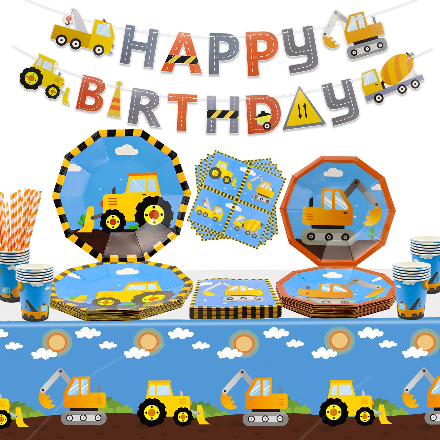 107 Pack Construction Birthday Party Supplies Dump Truck Construction Decorations Construction Party Plates Construction Birthday Tablecloth Cups Napkins Serves 20