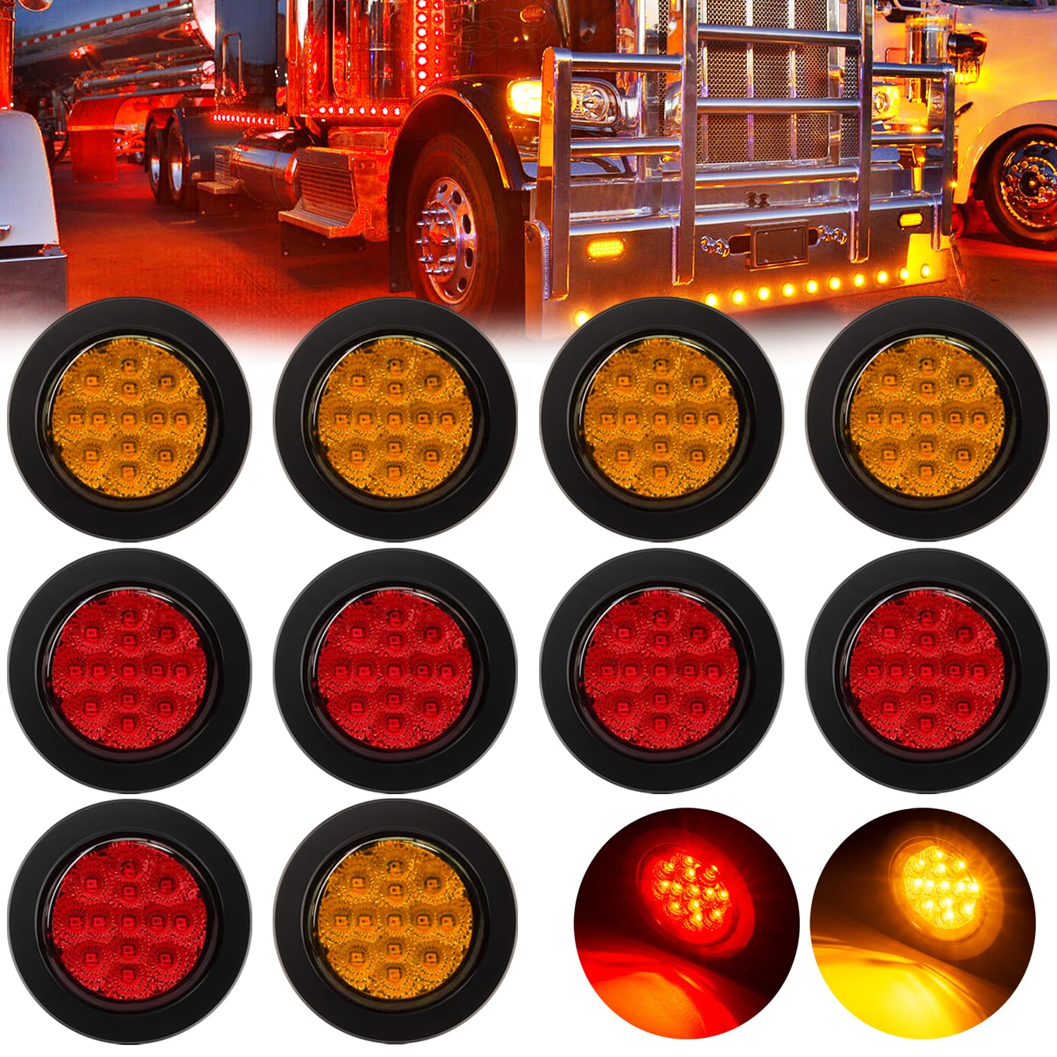 Photo 1 of ***MISSING FOUR***
FBAAUKUS 10Pcs (5 Amber & 5 Red) 2.5" inch Round 13 LED Trailer Marker Light Grommet Flush Mount, Sealed IP67 Waterproof 2.5" Clearance Light with Reflex Lens 12V for Truck RV Boat Camper Vans etc