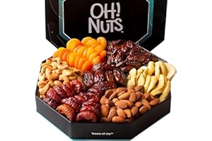 Oh! Nuts 7 Section Dried Fruits and Nuts Gift Basket - Gourmet Assorted Fruit & Nut Gifts Baskets - Healthy Food Hexagon Metal Tin Box - Festive Gifts for Holiday, Birthday, Corporate Women & Men