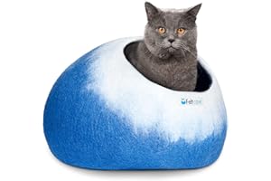 Feltcave Medium Cat Cave Bed | Blue & White | Cute and Cozy Cat Cave Handcrafted Merino Wool | Hideaway for Indoor Cats | Warming Nest for Kitty | Washable Wool Fabric - Gift for Pets