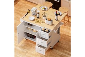 HIDSLIVING Kitchen Island 54" Large Rolling Kitchen Island Cart On Wheels with Drop Leaf Breakfast Bar 3 Drawers 1 Cabinet, Spice Towel Rack Mobile Island Table for kitchen with Storage, Moveable, White