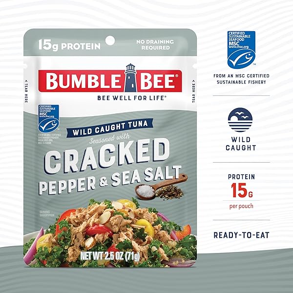 BUMBLE BEE CRACKED PEPPER & SEA SALT SEASONED TUNA, 2.5 OZ POUCHES (PACK OF 12) – READY TO EAT – WILD CAUGHT TUNA PACKET – 15G PROTEIN PER SERVING – GLUTEN FREE