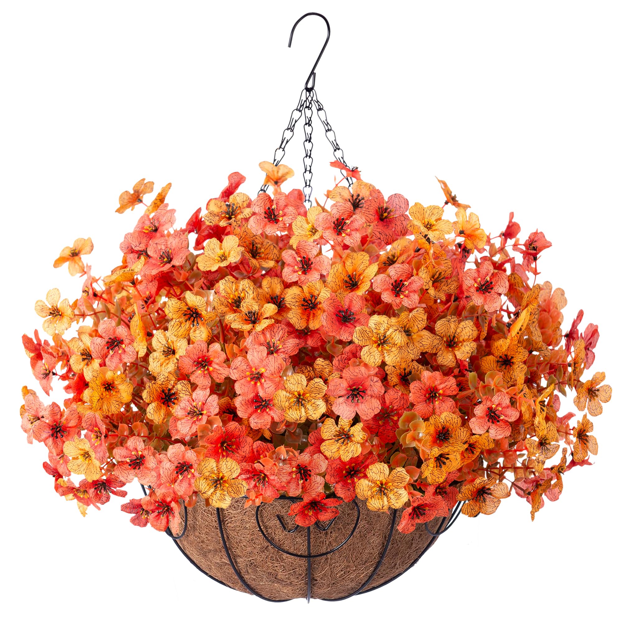 Photo 1 of Artificial Flowers with Hanging Basket Planter for Home Decoration, Daisy with Eucalyptus Leaves Outdoor Indoor Garden Yard, Metal Coconut Lining Basket with Faux Plant (Fall-OrangeYellow)