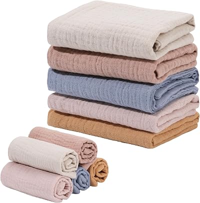 Meng Jiaran 5 Pack Baby Muslin Squares 23x22cm Cotton Wipes White Pink Turmeric