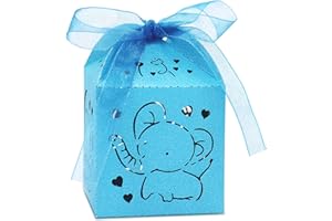 Kslong Baby Shower Favor Boxes, 50Pcs Blue Elephant Favor Box for Baby Boy Laser Cut Box with Ribbon for Birthday Wedding Par