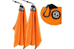 MAGOLFIN 2-Pack Magnetic Golf Towel with Clip, Microfiber Waffle Design - Industrial Strength Magnet for Strong Hold to Golf Bags, Carts & Clubs - Orange