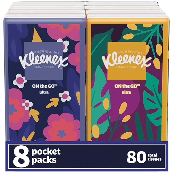 KLEENEX ON-THE-GO FACIAL TISSUES, 8 ON-THE-GO PACKS, 10 TISSUES PER BOX, 3-PLY (80 TOTAL TISSUES), PACKAGING MAY VARY